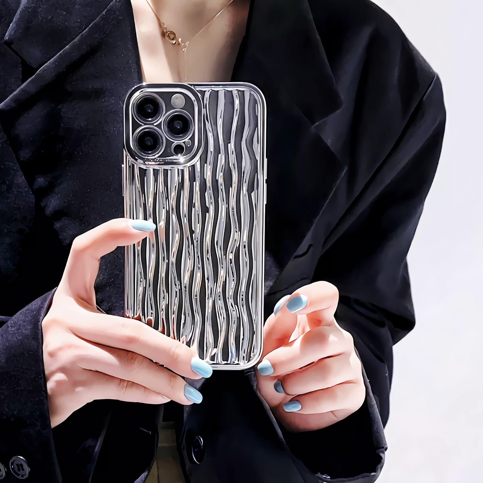 for iPhone 13 Pro Max Case Wavy Water Ripple Pattern, Cute Curly Wave Sparkly Luxury Silicone Soft Shockproof Protective Phone Case Cover for Women Girls (Silver, iPhone 13 Pro Max) - Image 2