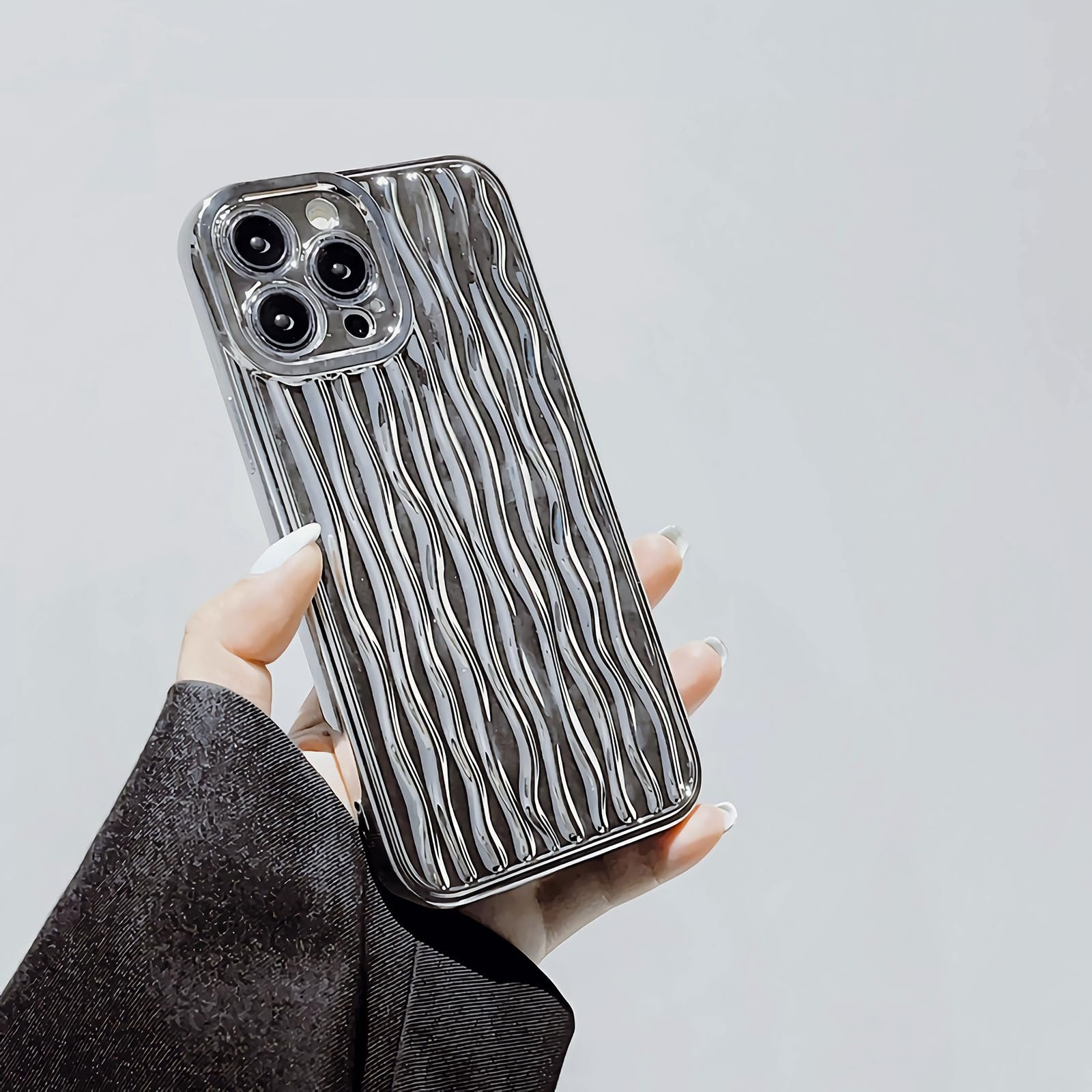 for iPhone 13 Pro Max Case Wavy Water Ripple Pattern, Cute Curly Wave Sparkly Luxury Silicone Soft Shockproof Protective Phone Case Cover for Women Girls (Silver, iPhone 13 Pro Max) - Image 7